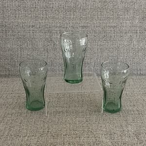 Three - Vintage 4" Green Coca Cola Libbey Drinking Glass 6oz Coke Glassware